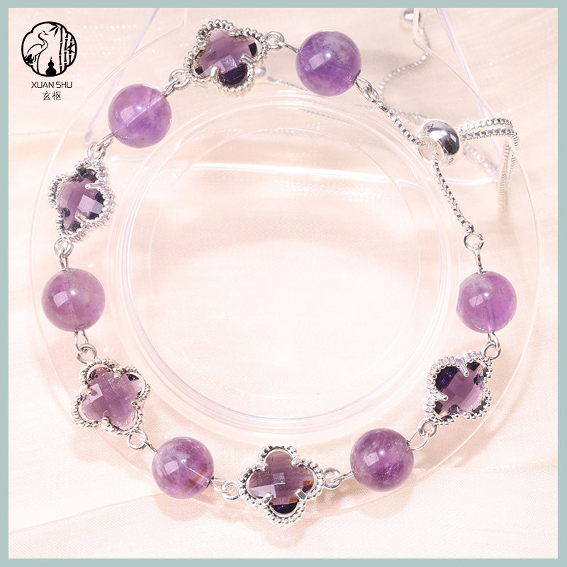 Natural Amethyst Four-Leaf Clover Bracelet Lucky & Healing Crystal Jewelry