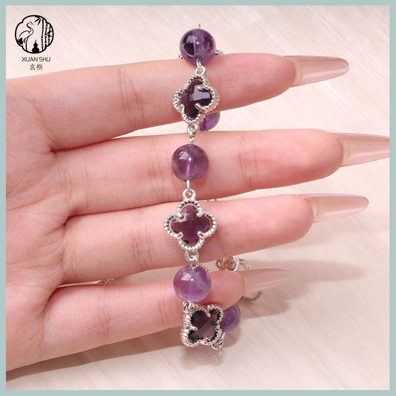 Natural Amethyst Four-Leaf Clover Bracelet Lucky & Healing Crystal Jewelry