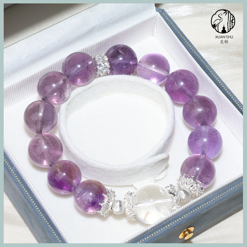 Natural Amethyst & Sterling Silver Bracelet with Clear Quartz Accents – Healing Crystal Jewelry for Protection, Clarity & Spiritual Growth
