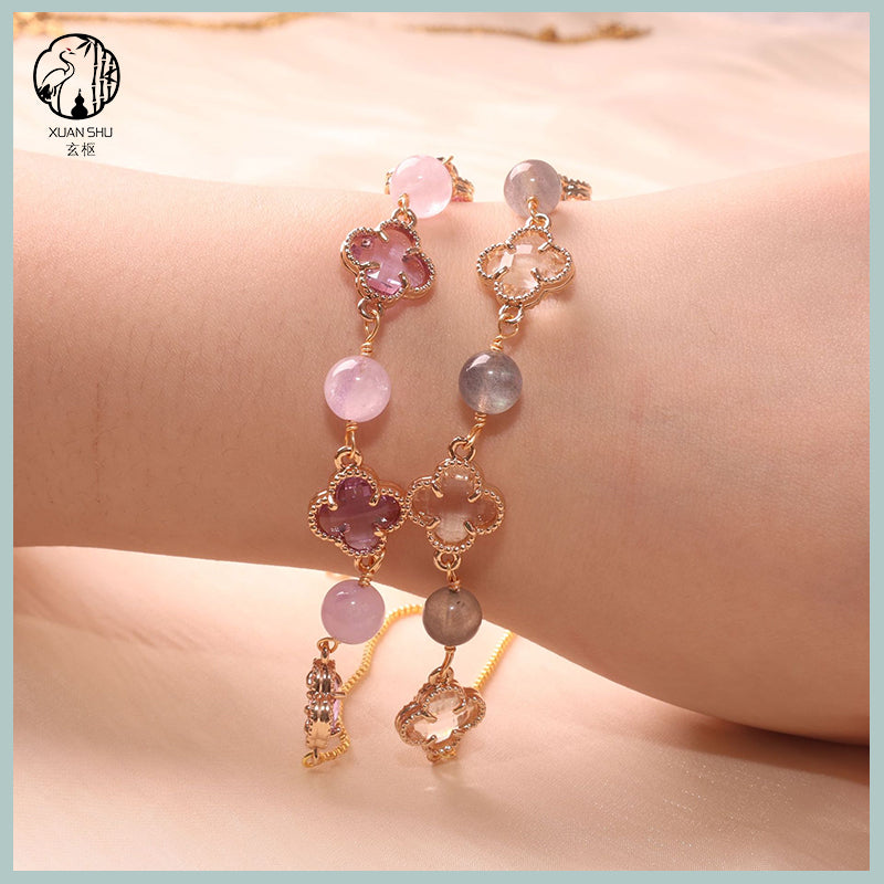 Natural Amethyst, Strawberry Quartz, Rose Quartz & Moonstone Four-Leaf Clover Alloy Bracelet – Lucky Chakra Crystal Jewelry