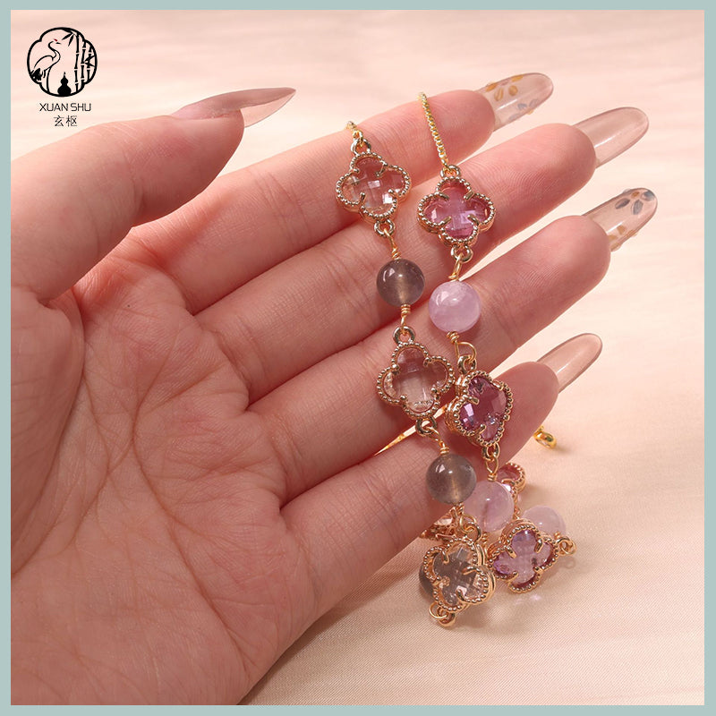 Natural Amethyst, Strawberry Quartz, Rose Quartz & Moonstone Four-Leaf Clover Alloy Bracelet – Lucky Chakra Crystal Jewelry