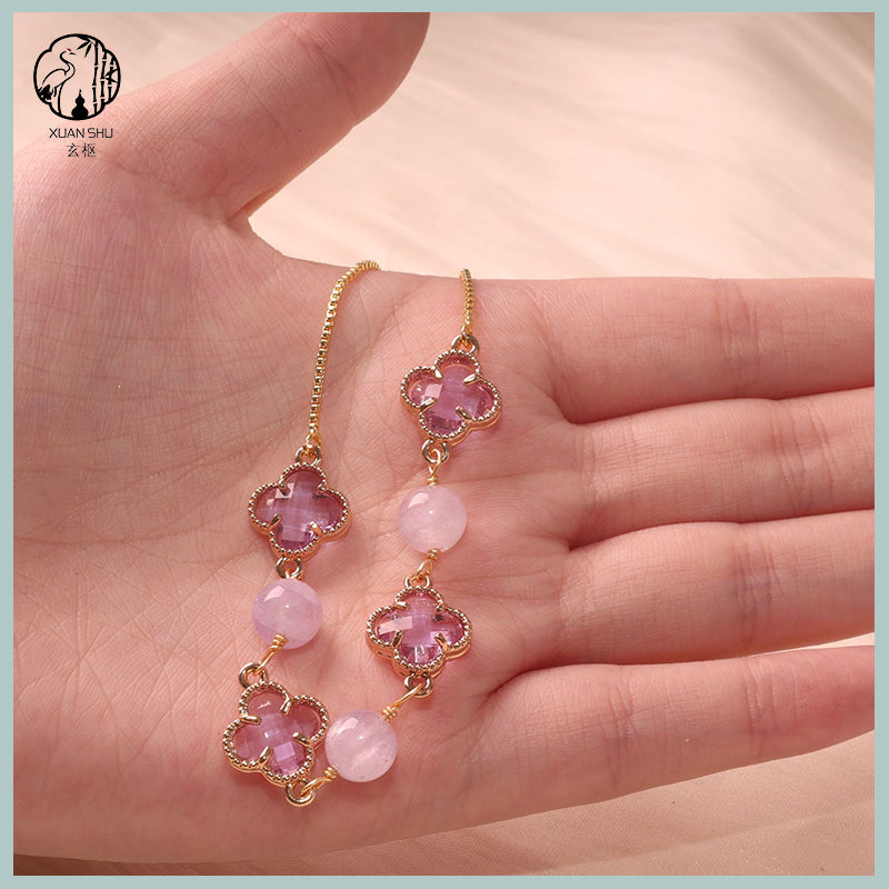 Natural Amethyst, Strawberry Quartz, Rose Quartz & Moonstone Four-Leaf Clover Alloy Bracelet – Lucky Chakra Crystal Jewelry