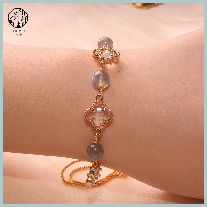 Natural Amethyst, Strawberry Quartz, Rose Quartz & Moonstone Four-Leaf Clover Alloy Bracelet – Lucky Chakra Crystal Jewelry