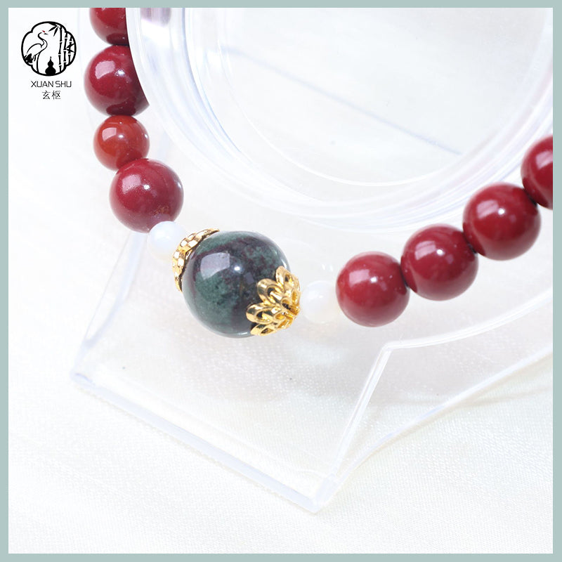 Natural Cinnabar & Purple Gold Sand with Green Phantom Quartz Bracelet – Wealth, Protection & Spiritual Balance