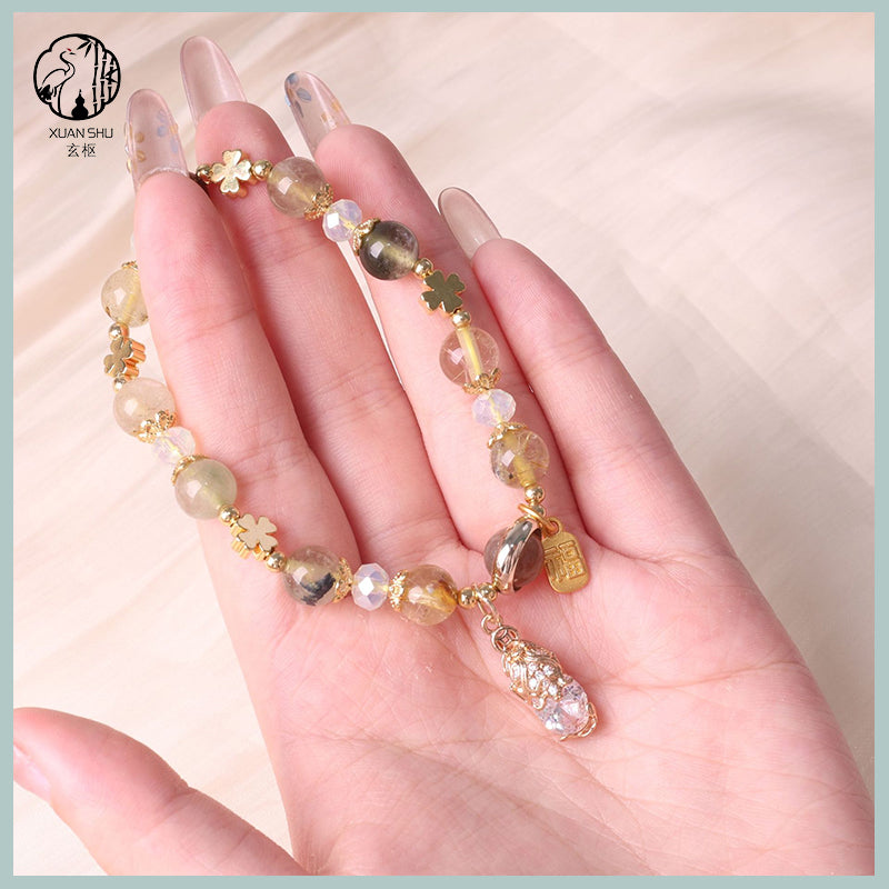 Natural Citrine with Colorful Rutilated Quartz Pixiu Bracelet – Attract Wealth, Luck & Prosperity