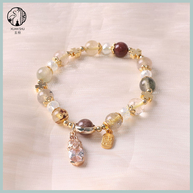 Natural Citrine with Colorful Rutilated Quartz Pixiu Bracelet – Attract Wealth, Luck & Prosperity