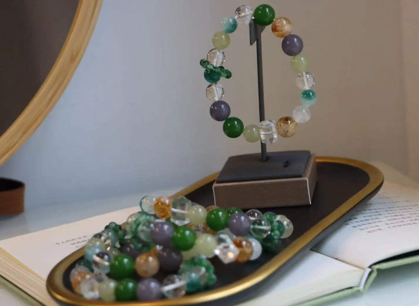 Natural Citrine, White Crystal, Moonstone, Smoky Amethyst, Green Chalcedony Beaded Bracelet – Healing Energy & Spiritual Gemstone Jewelry
