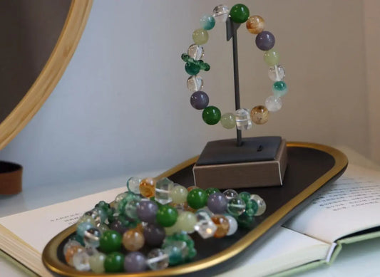 Natural Citrine, White Crystal, Moonstone, Smoky Amethyst, Green Chalcedony Beaded Bracelet – Healing Energy & Spiritual Gemstone Jewelry XUANSHU
