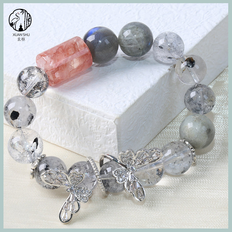 Natural Gray Moonstone & Flash Crystal Bracelet with Silver Butterfly Charm – Handmade Spiritual Energy Jewelry
