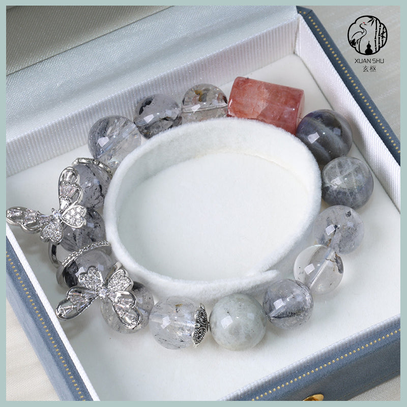 Natural Gray Moonstone & Flash Crystal Bracelet with Silver Butterfly Charm – Handmade Spiritual Energy Jewelry