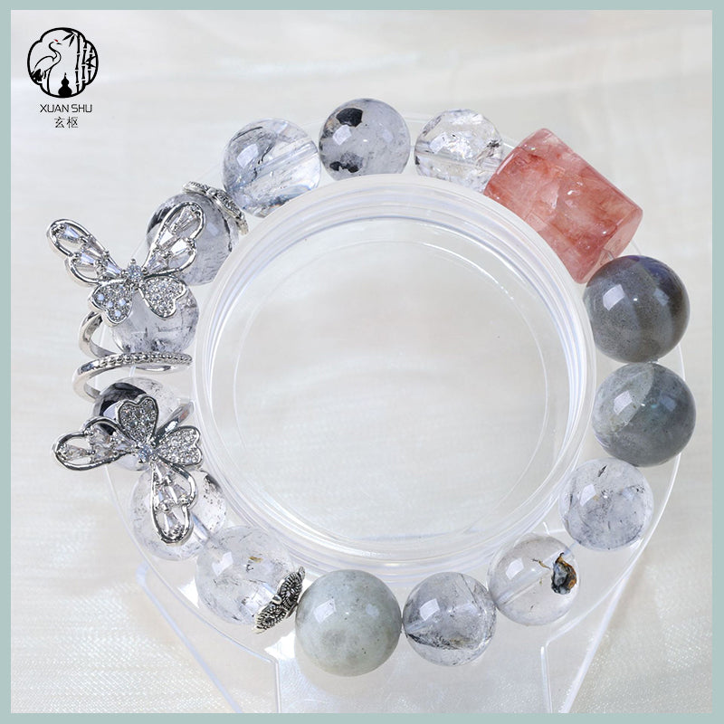 Natural Gray Moonstone & Flash Crystal Bracelet with Silver Butterfly Charm – Handmade Spiritual Energy Jewelry