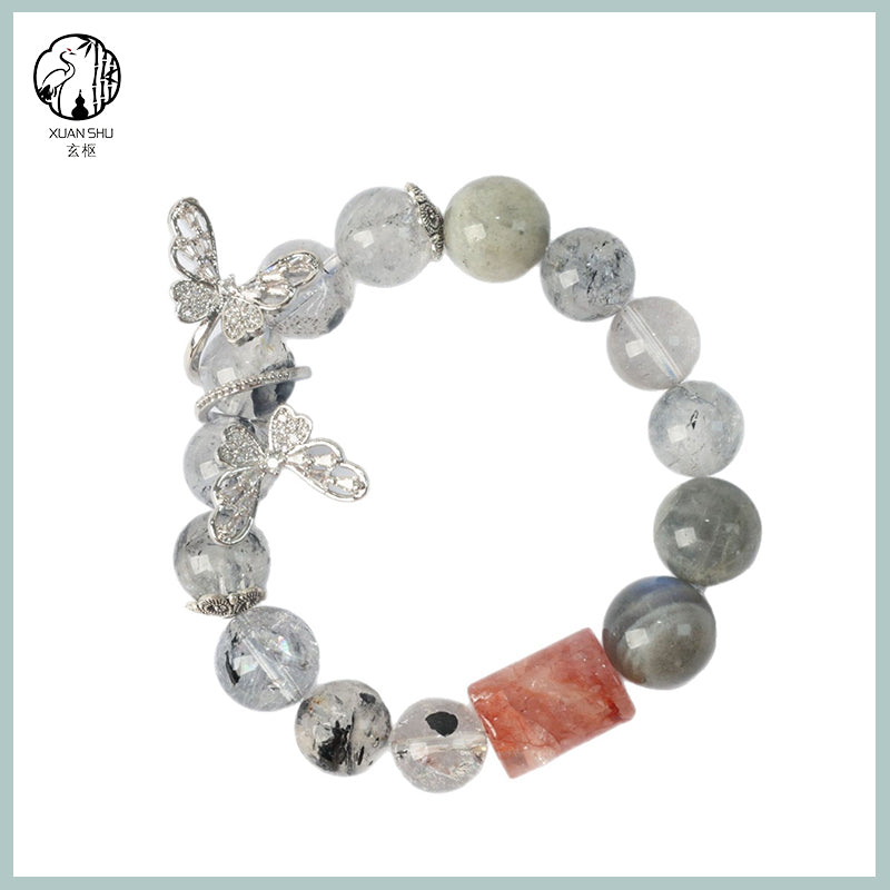 Natural Gray Moonstone & Flash Crystal Bracelet with Silver Butterfly Charm – Handmade Spiritual Energy Jewelry