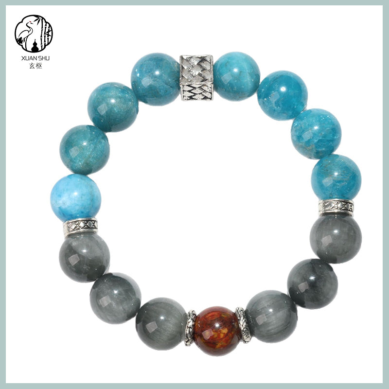 Natural Gray Rabbit Fur, Blue Apatite & Fire Rainbow Pietersite Crystal Bracelet – Energy Healing Beads