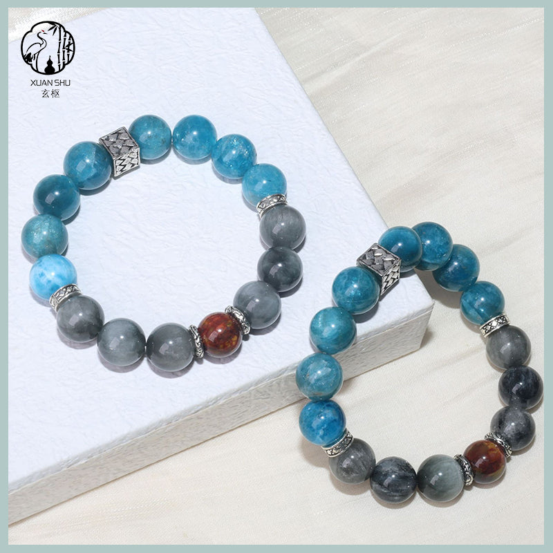 Natural Gray Rabbit Fur, Blue Apatite & Fire Rainbow Pietersite Crystal Bracelet – Energy Healing Beads