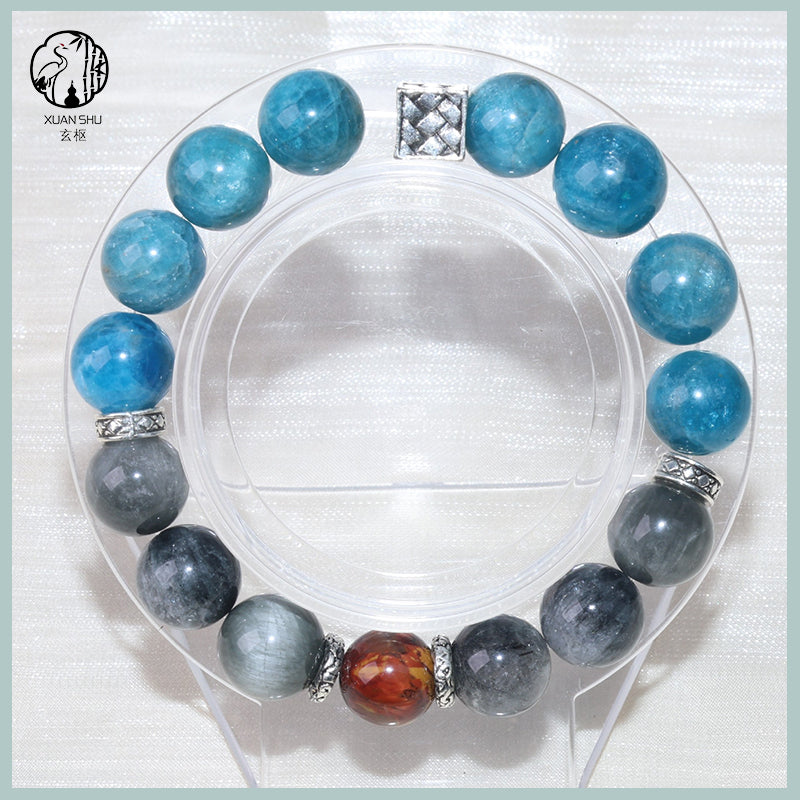 Natural Gray Rabbit Fur, Blue Apatite & Fire Rainbow Pietersite Crystal Bracelet – Energy Healing Beads