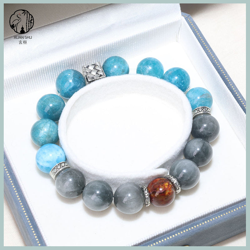 Natural Gray Rabbit Fur, Blue Apatite & Fire Rainbow Pietersite Crystal Bracelet – Energy Healing Beads