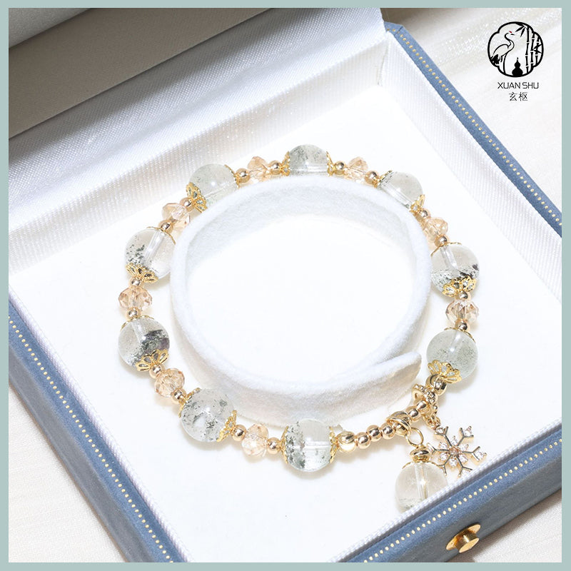 Natural Green Phantom Quartz Bracelet with Gold Floral Accents & Snowflake Pendant – Healing Crystal Jewelry for Wealth, Growth & Positive Energy
