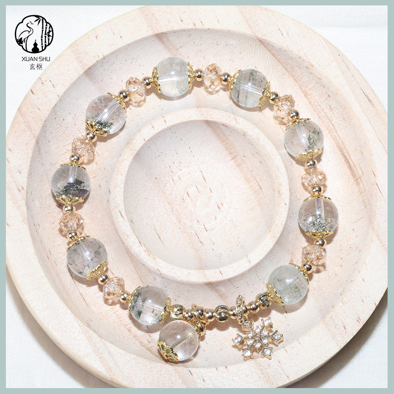 Natural Green Phantom Quartz Bracelet with Gold Floral Accents & Snowflake Pendant – Healing Crystal Jewelry for Wealth, Growth & Positive Energy
