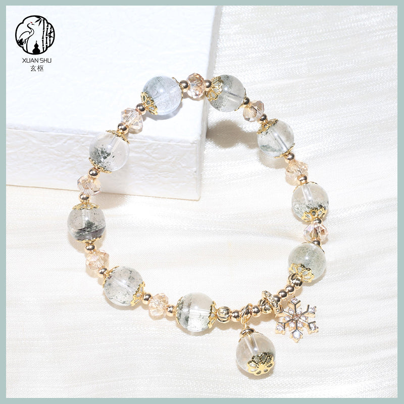 Natural Green Phantom Quartz Bracelet with Gold Floral Accents & Snowflake Pendant – Healing Crystal Jewelry for Wealth, Growth & Positive Energy