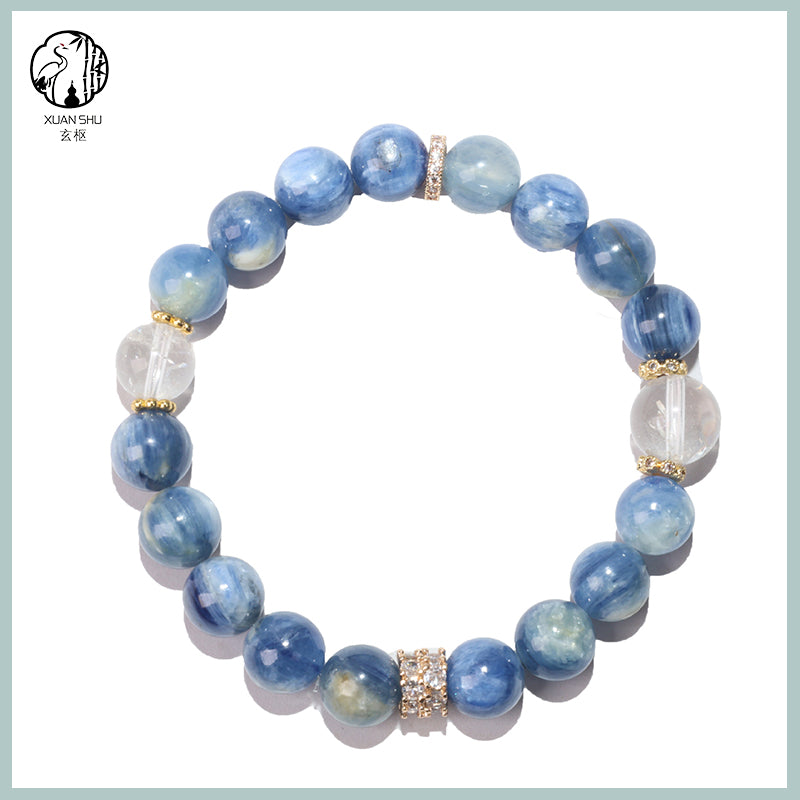 Kyanite Beaded Bracelet with White Cubic Zirconia Micro-Pavé Spacer – Single Strand Energy Balancing Crystal Jewelry