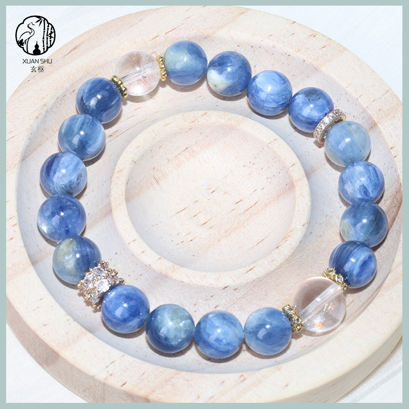 Kyanite Beaded Bracelet with White Cubic Zirconia Micro-Pavé Spacer – Single Strand Energy Balancing Crystal Jewelry