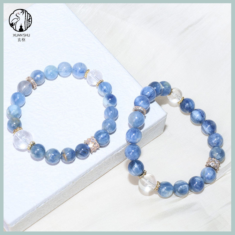 Kyanite Beaded Bracelet with White Cubic Zirconia Micro-Pavé Spacer – Single Strand Energy Balancing Crystal Jewelry