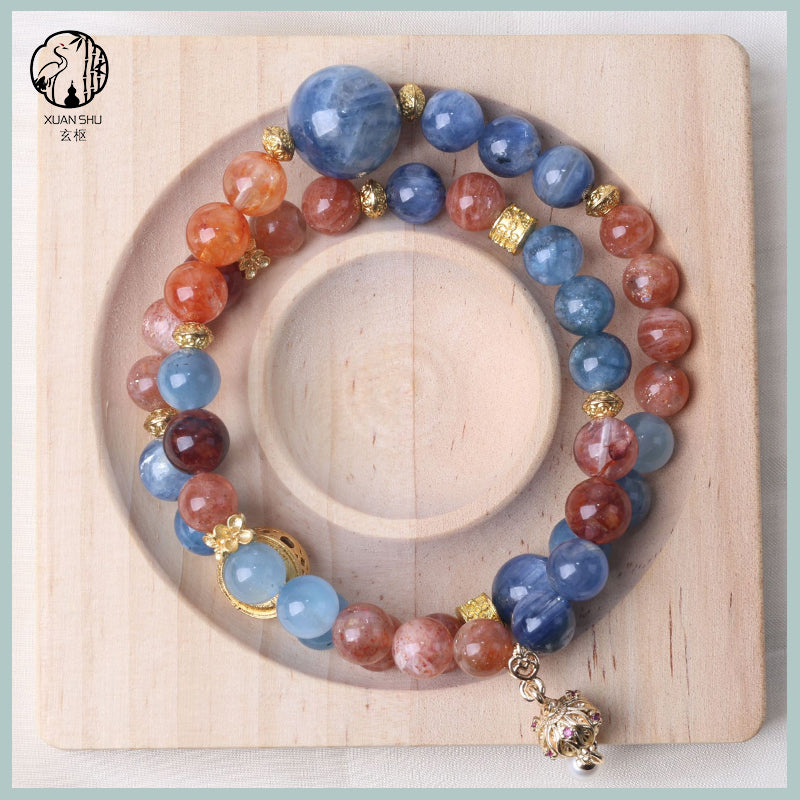 Kyanite, Red Flower Agate & Sunstone Multi-Gemstone Crystal Bracelet – Energy Healing, Balance & Prosperity