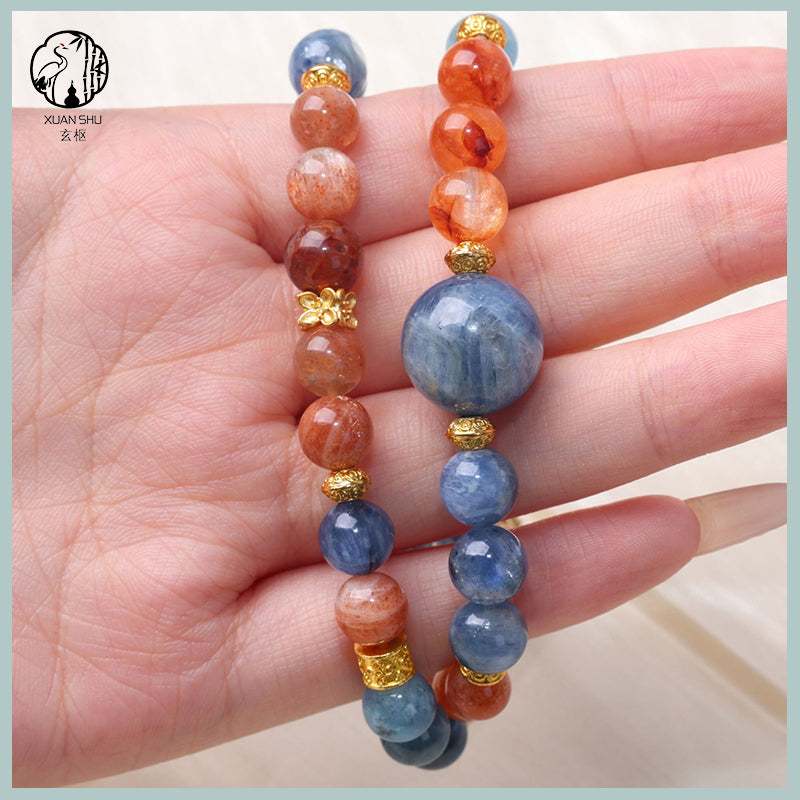 Kyanite, Red Flower Agate & Sunstone Multi-Gemstone Crystal Bracelet – Energy Healing, Balance & Prosperity