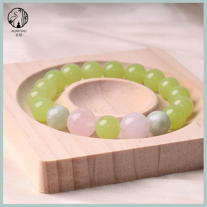 Natural Prehnite, Xiuyan Jade & Madagascar Rose Quartz Bracelet – Healing Energy, Love & Emotional Balance