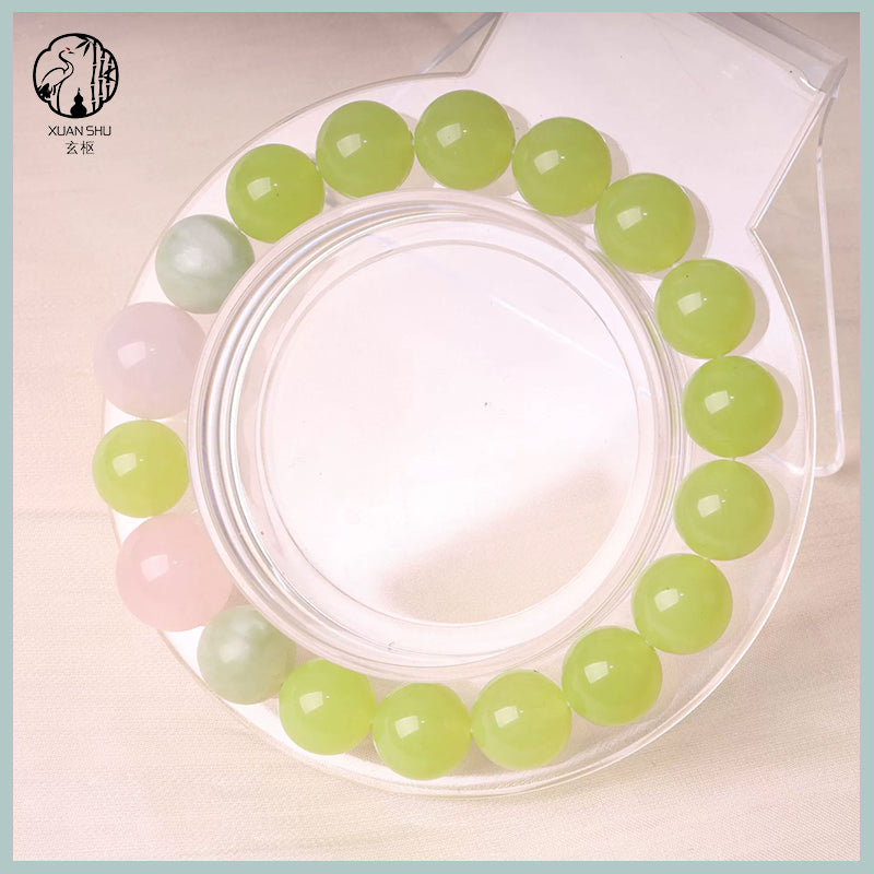 Natural Prehnite, Xiuyan Jade & Madagascar Rose Quartz Bracelet – Healing Energy, Love & Emotional Balance