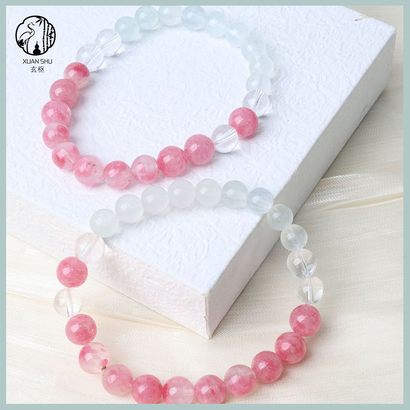 Natural Rhodochrosite & White Quartz Gradient Beaded Bracelet – Genuine Crystal Jewelry for Emotional Healing & Balance