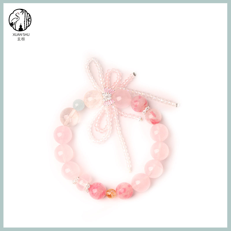 Rose Quartz Bracelet with Bow Charm – Single Strand Crystal Bracelet for Love & Good Luck