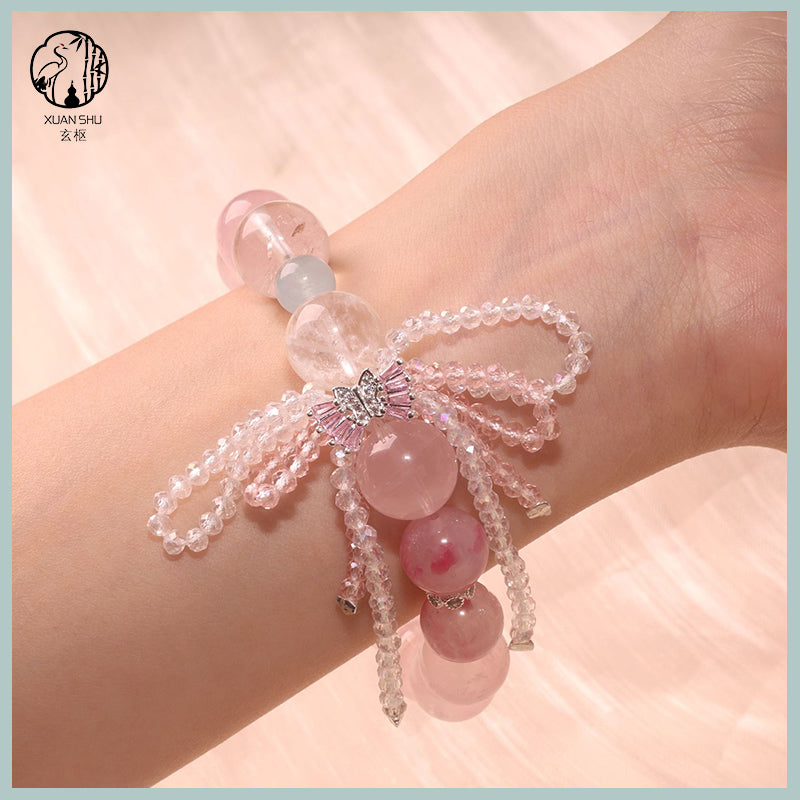 Rose Quartz Bracelet with Bow Charm – Single Strand Crystal Bracelet for Love & Good Luck