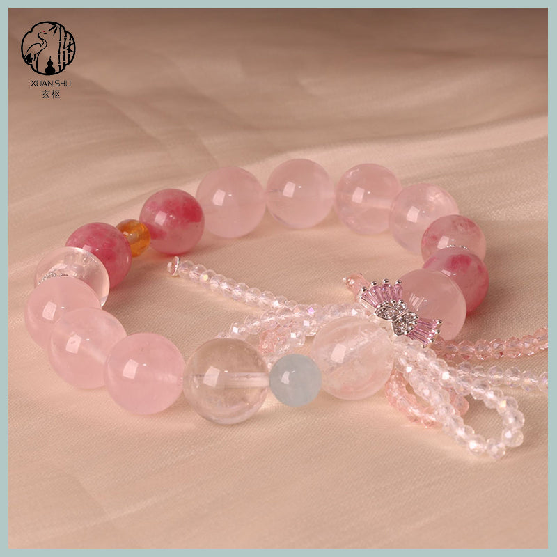 Rose Quartz Bracelet with Bow Charm – Single Strand Crystal Bracelet for Love & Good Luck