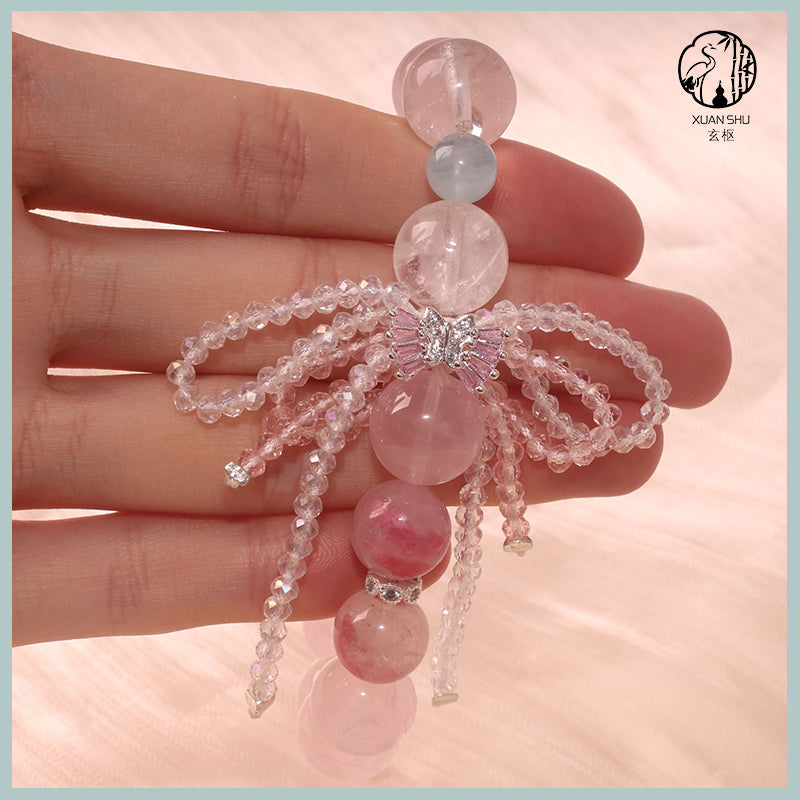 Rose Quartz Bracelet with Bow Charm – Single Strand Crystal Bracelet for Love & Good Luck