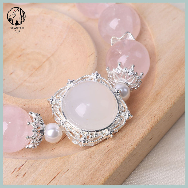 Natural Rose Quartz & White Agate Crystal Bracelet – Feng Shui Magic Energy Beads for Love & Protection