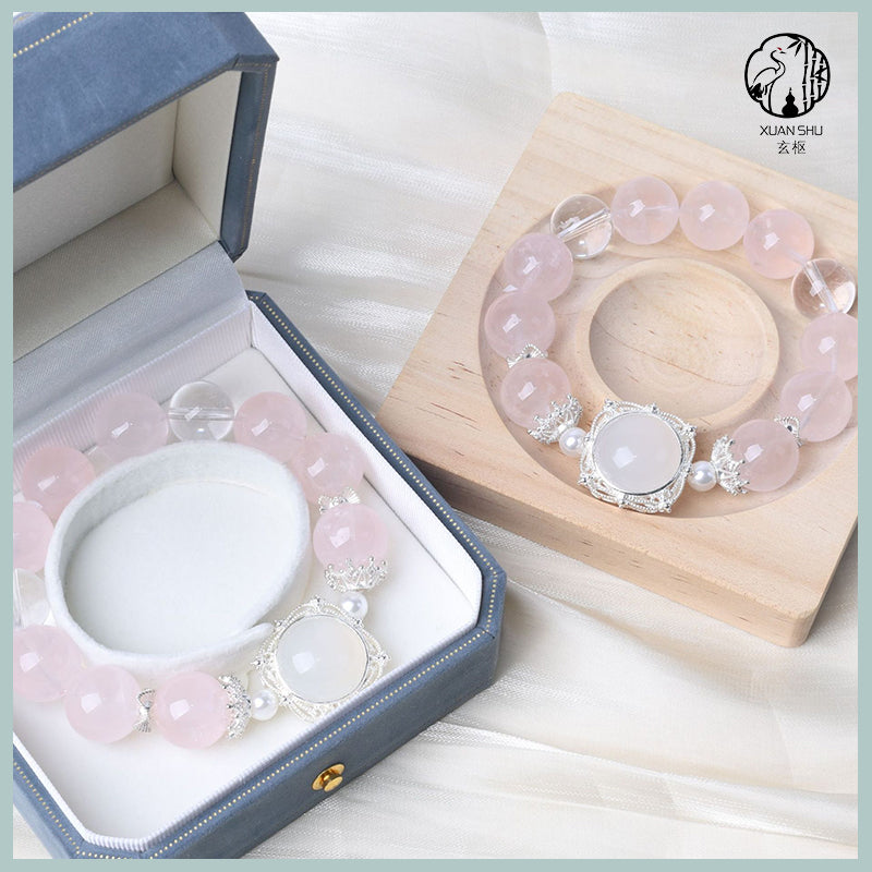 Natural Rose Quartz & White Agate Crystal Bracelet – Feng Shui Magic Energy Beads for Love & Protection