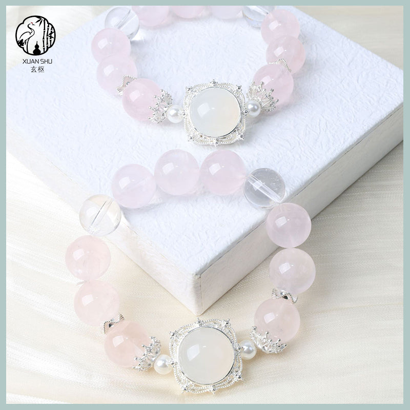 Natural Rose Quartz & White Agate Crystal Bracelet – Feng Shui Magic Energy Beads for Love & Protection