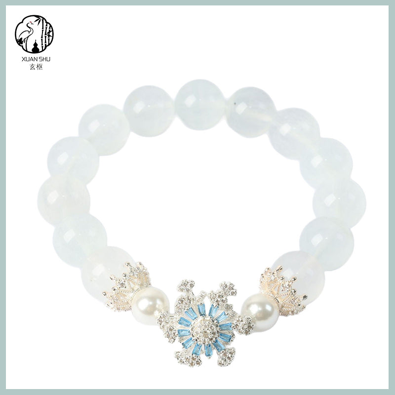Natural White & Blue Rabbit Fur Fluorite Bead Bracelet with Snowflake Beads – Crown Design Spiritual Healing Jewelry