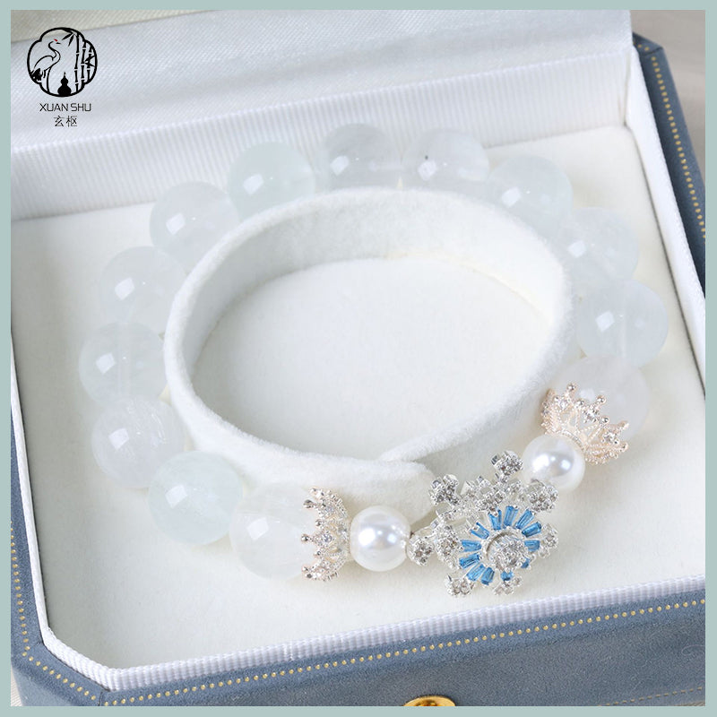 Natural White & Blue Rabbit Fur Fluorite Bead Bracelet with Snowflake Beads – Crown Design Spiritual Healing Jewelry