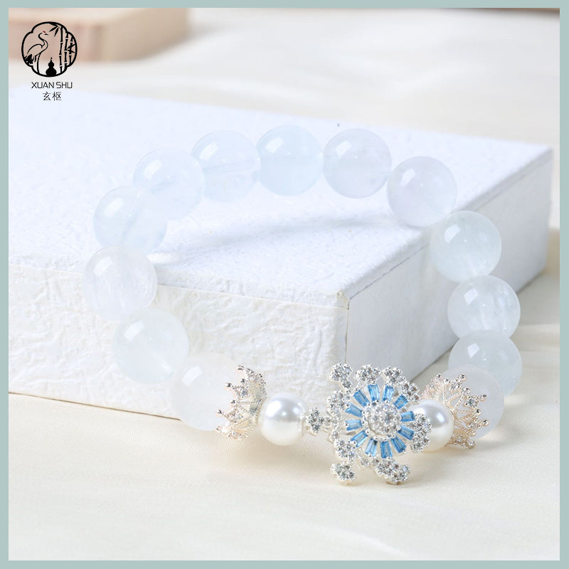 Natural White & Blue Rabbit Fur Fluorite Bead Bracelet with Snowflake Beads – Crown Design Spiritual Healing Jewelry