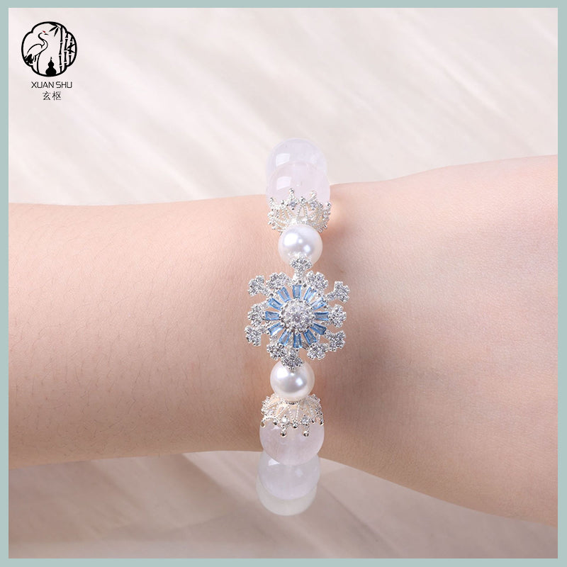 Natural White & Blue Rabbit Fur Fluorite Bead Bracelet with Snowflake Beads – Crown Design Spiritual Healing Jewelry