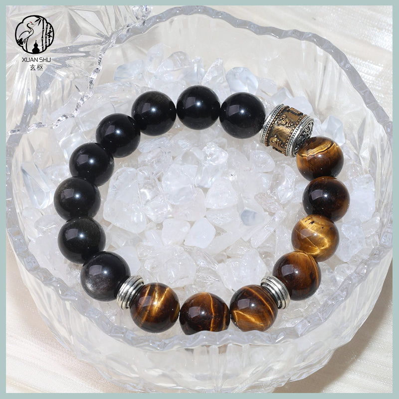 Natural Yellow Tiger’s Eye & Golden Obsidian Bracelet with Vintage Silver Beads – Feng Shui Protection & Wealth Energy