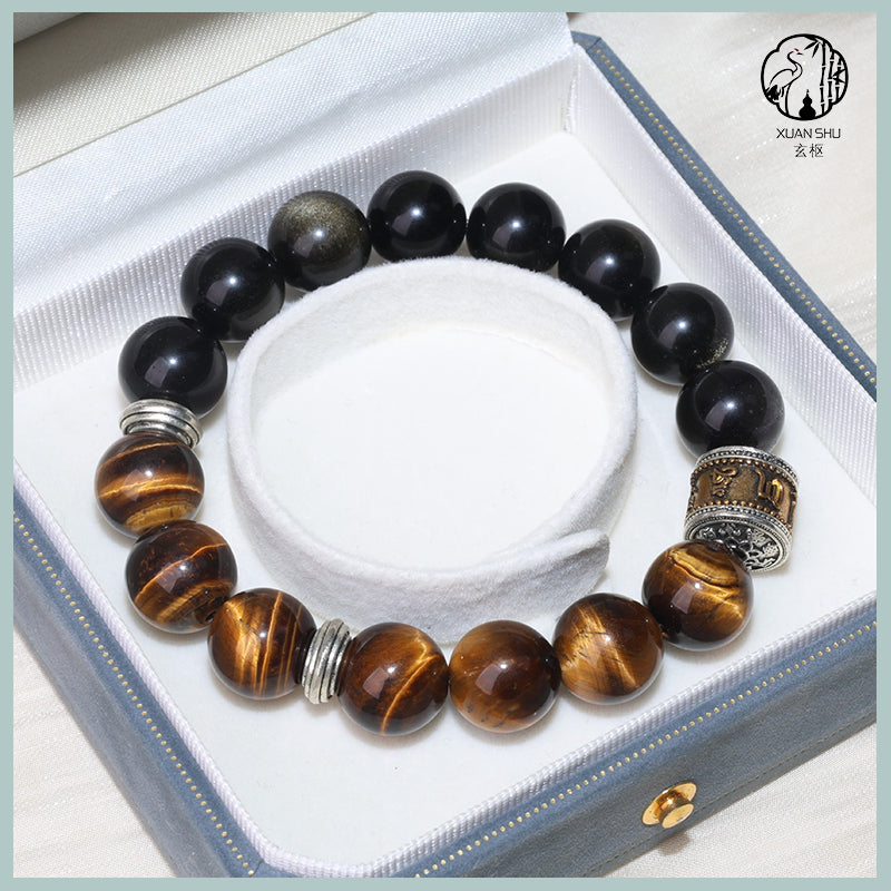 Natural Yellow Tiger’s Eye & Golden Obsidian Bracelet with Vintage Silver Beads – Feng Shui Protection & Wealth Energy