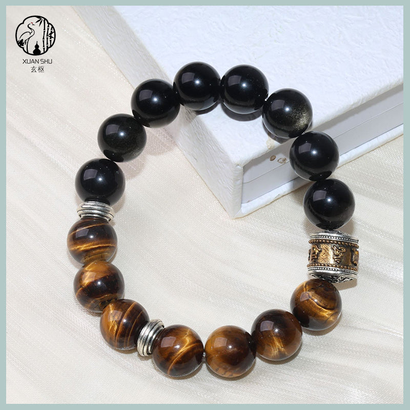 Natural Yellow Tiger’s Eye & Golden Obsidian Bracelet with Vintage Silver Beads – Feng Shui Protection & Wealth Energy