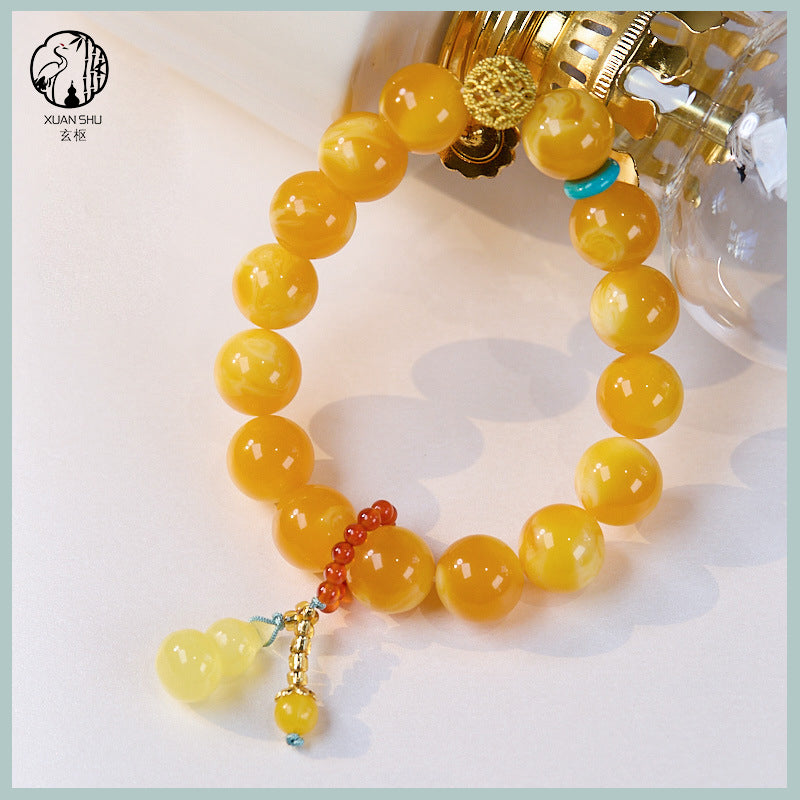 Natural Chicken Oil Yellow Amber Gourd Bead Bracelet - Attract Wealth & Health