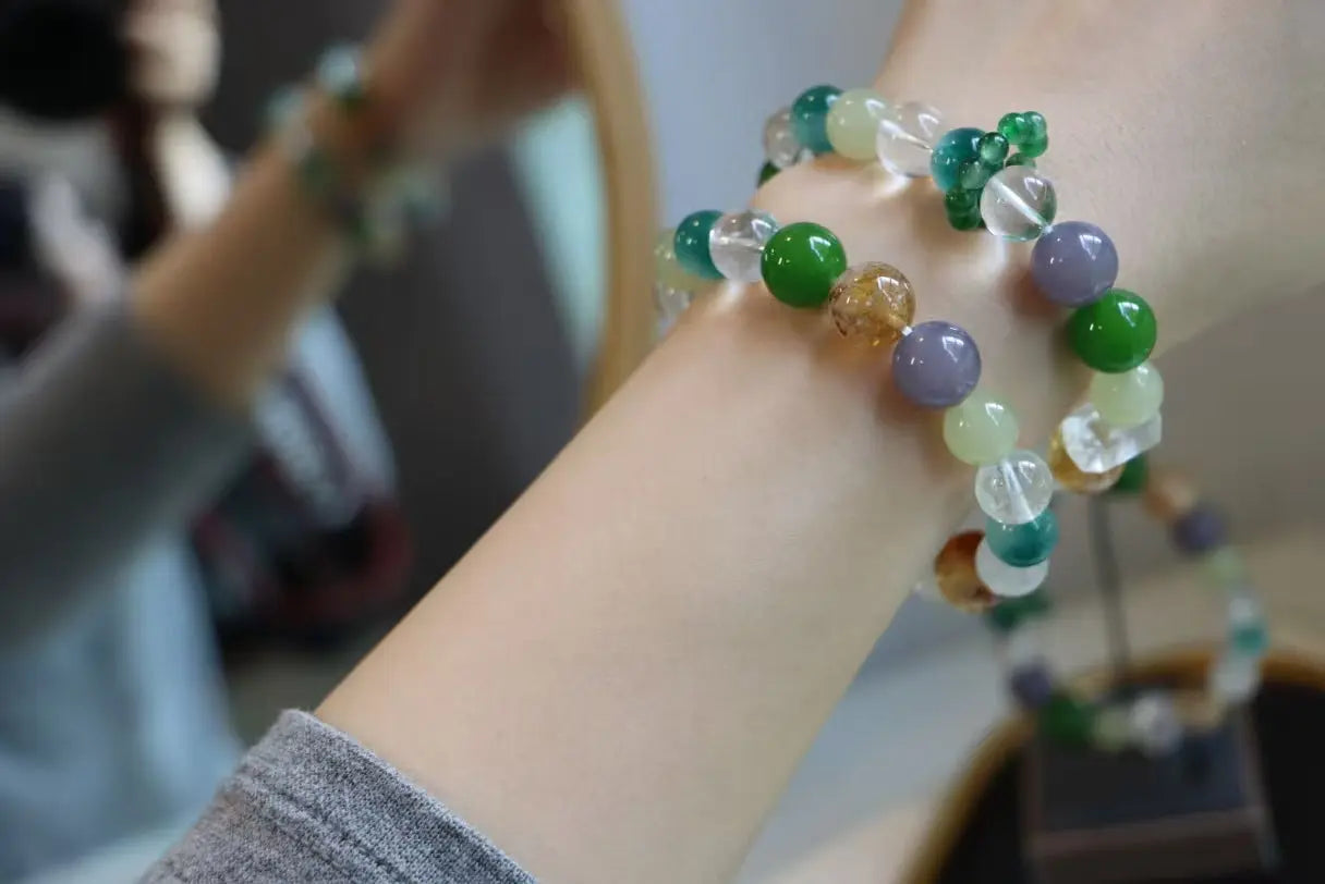 Natural Citrine, White Crystal, Moonstone, Smoky Amethyst, Green Chalcedony Beaded Bracelet – Healing Energy & Spiritual Gemstone Jewelry