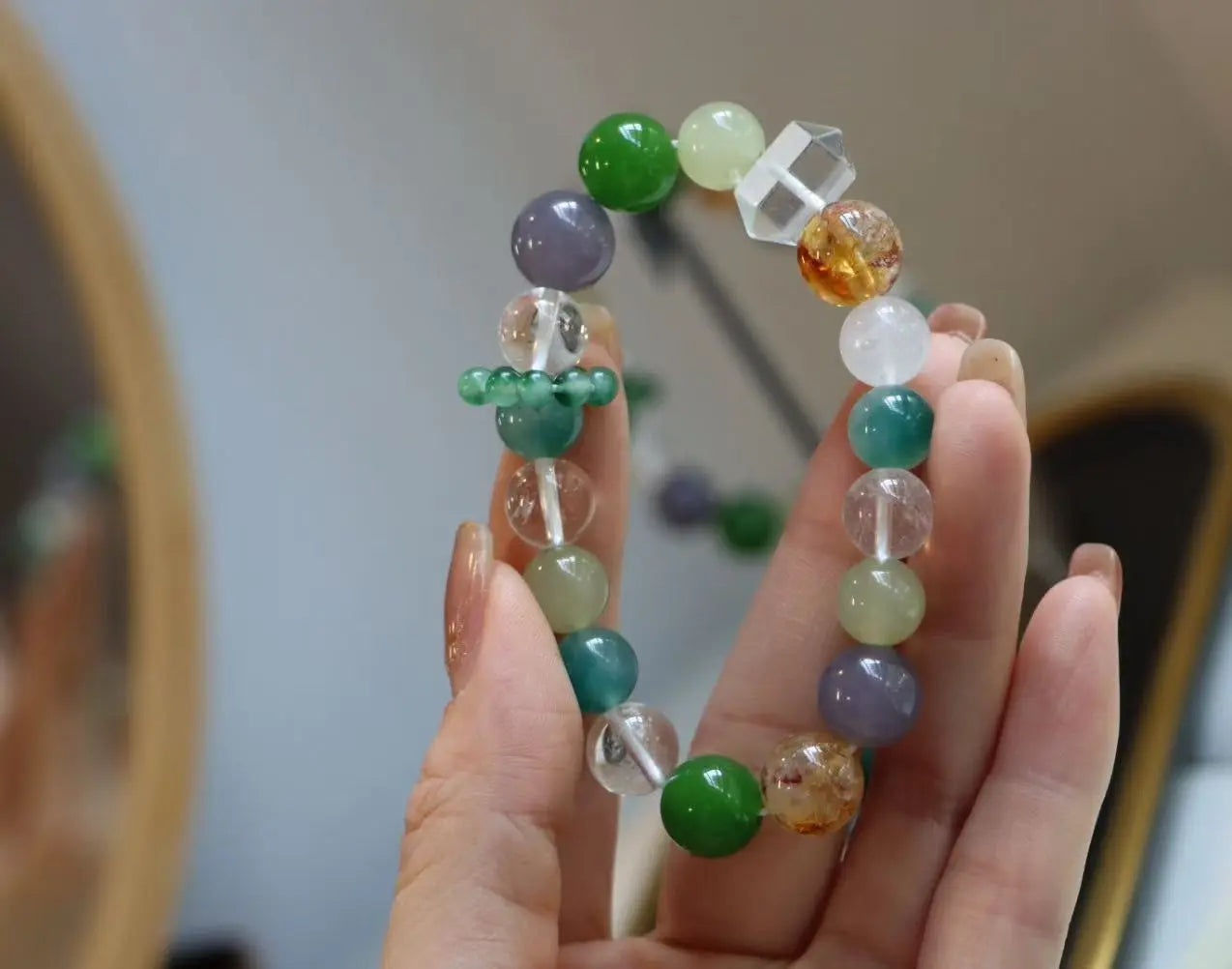 Natural Citrine, White Crystal, Moonstone, Smoky Amethyst, Green Chalcedony Beaded Bracelet – Healing Energy & Spiritual Gemstone Jewelry
