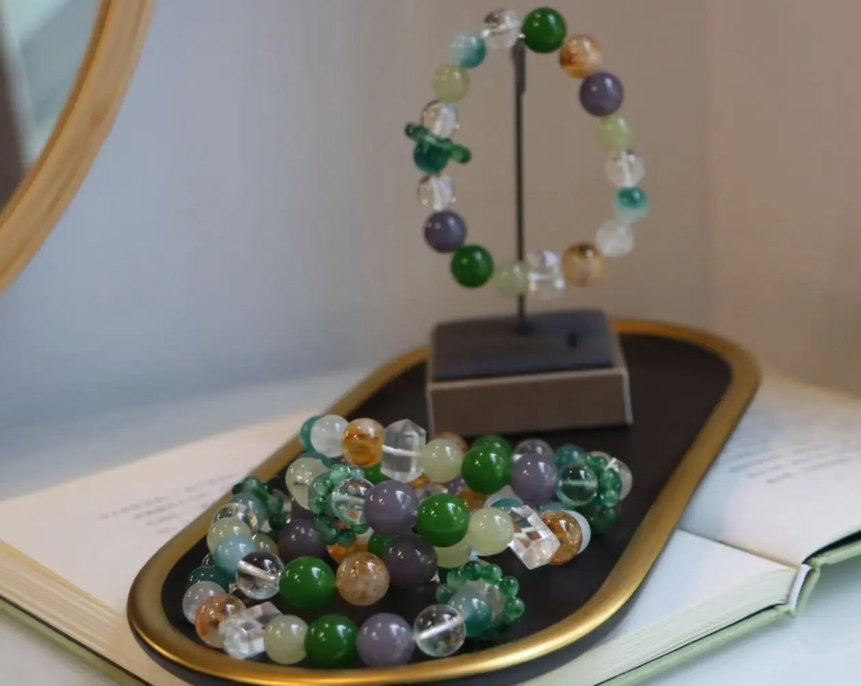 Natural Citrine, White Crystal, Moonstone, Smoky Amethyst, Green Chalcedony Beaded Bracelet – Healing Energy & Spiritual Gemstone Jewelry
