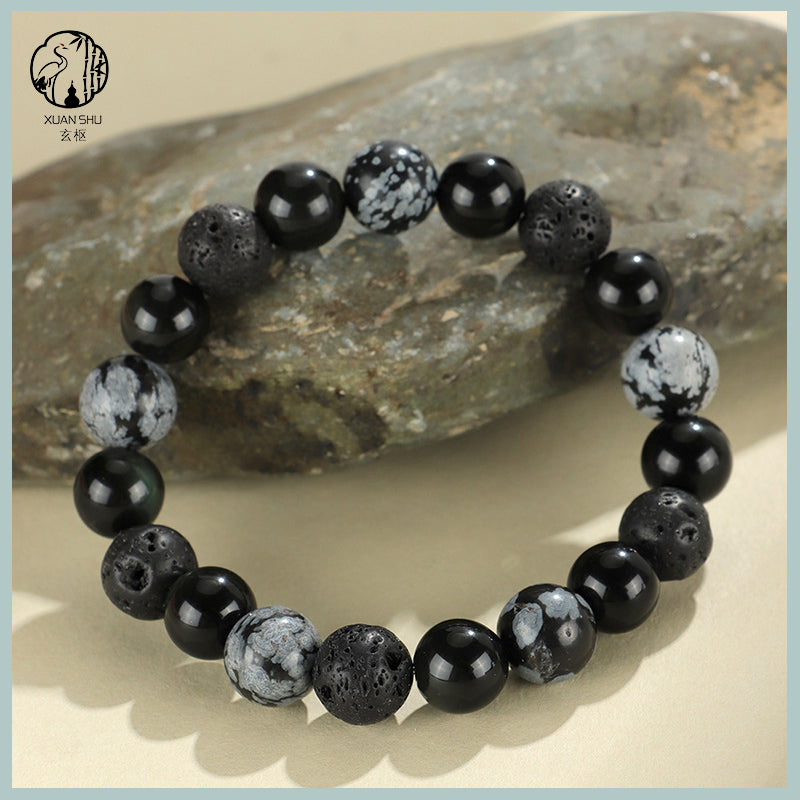 Obsidian Snowflake Lava Stone Couple Tai Chi Bracelet – Enhance Relationship Luck and Foster Trust and Harmony